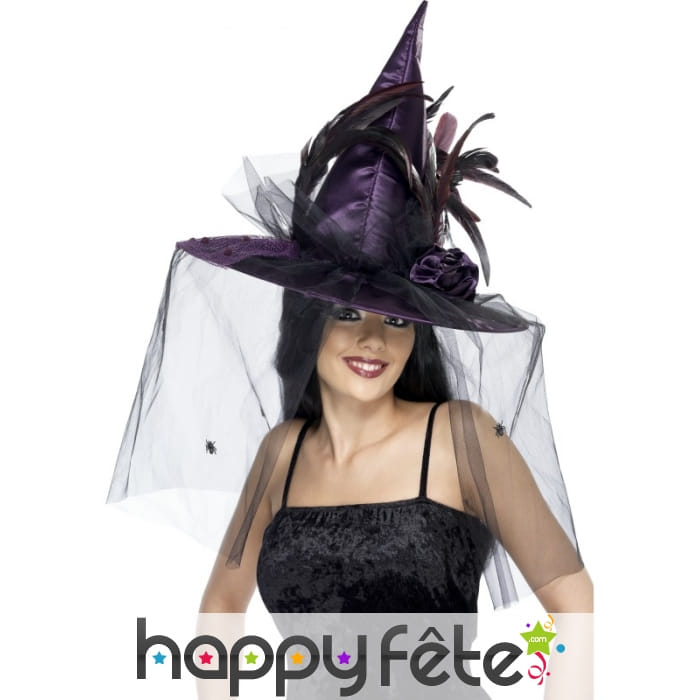 Chapeau sorcière mauve plumes