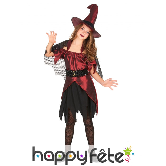 Costume sorcière rouge noir satiné pour fillette