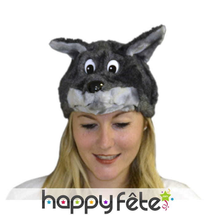 Coiffe tête de loup en peluche