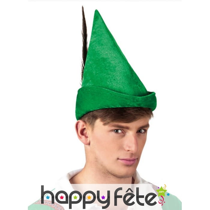Chapeau vert pointu avec plume, pour adulte