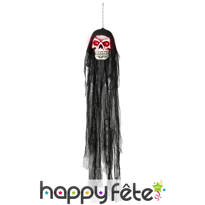 Crâne yeux lumineux avec voile noir, 90cm