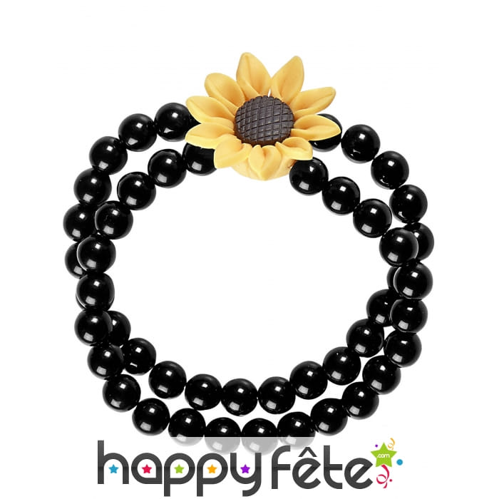 Double bracelet de perles noires avec tournesol