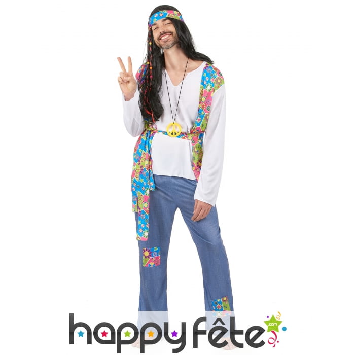Déguisement bleu et coloré de hippie pour homme