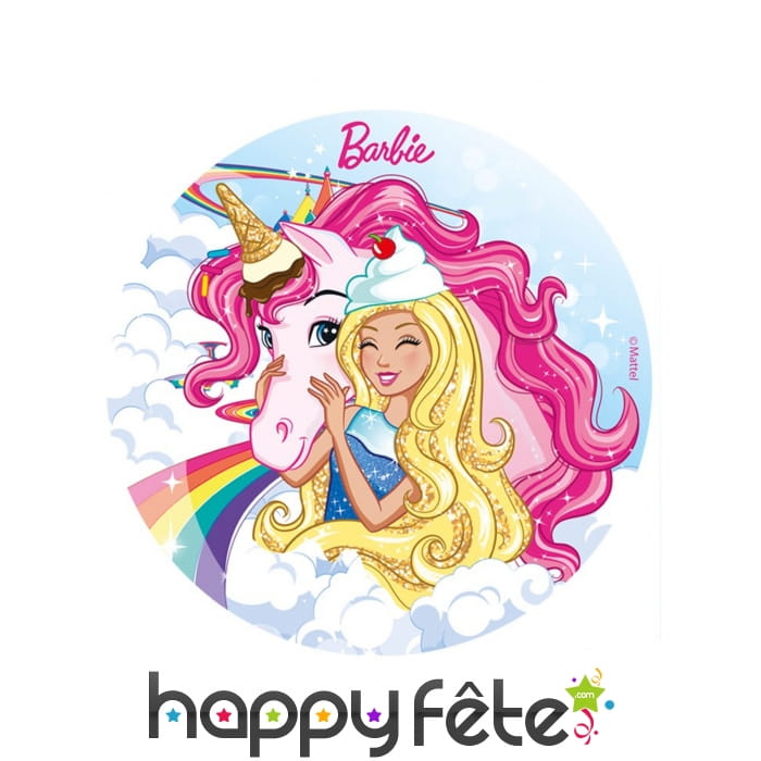 Disque Barbie et sa Licorne rose en sucre 20 cm