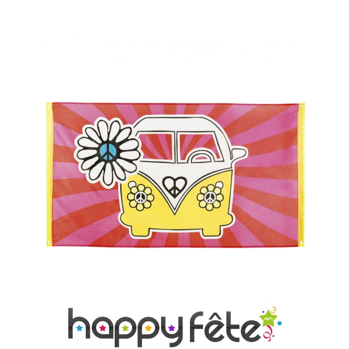 Drapeau Bus Hippie jaune rose de 90x150cm