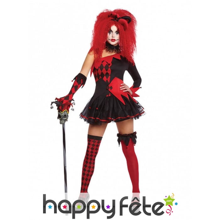 Déguisement court rouge noir de femme arlequin