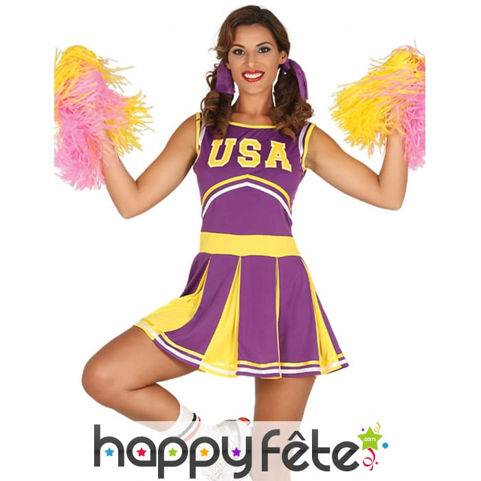 Déguisement Cheerleader violet et jaune pour femme