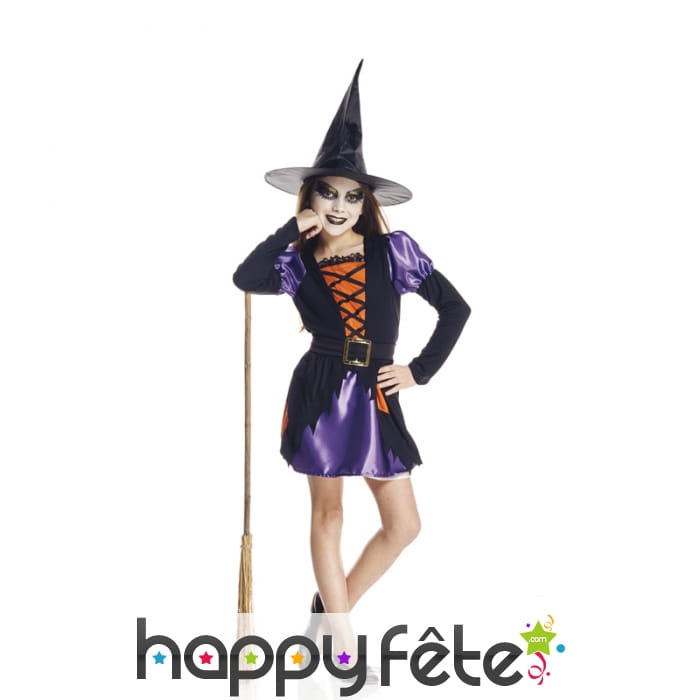 Déguisement court violet de sorcière pour fille