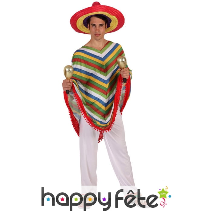 Déguisement de mexicain, poncho et pantalon blanc