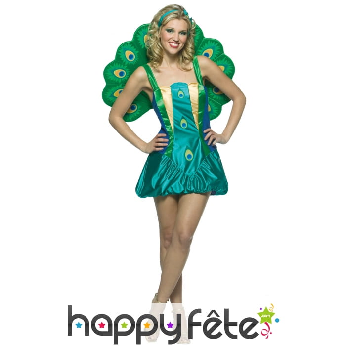 Déguisement de paon robe courte et queue éventail