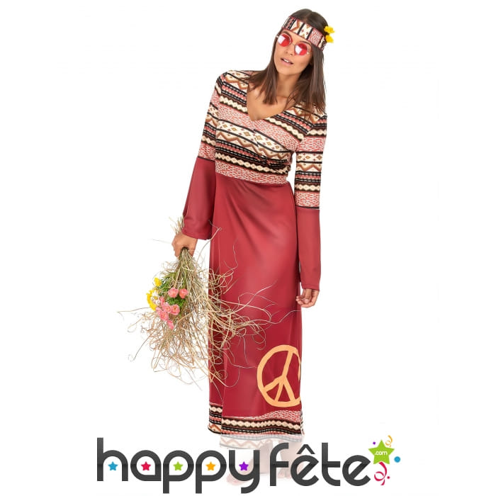 Déguisement femme hippie bordeaux avec motifs