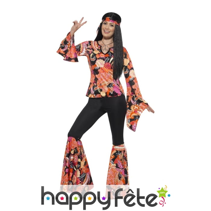 Déguisement femme hippie imprimé fleuri orangé