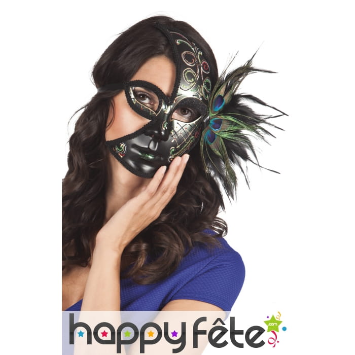 Demi masque noir avec plumes de paon