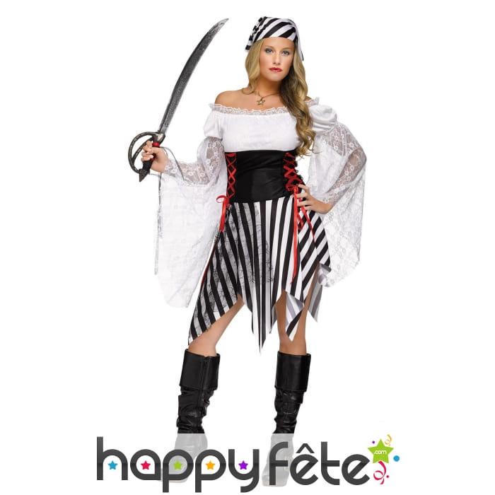 Déguisement noir blanc ligné de femme pirate