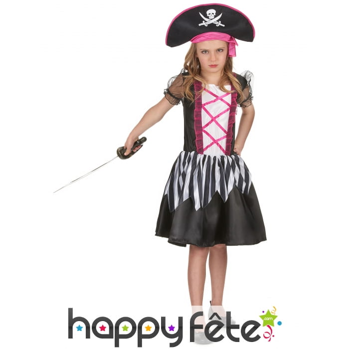 Déguisement noir blanc rose de petite piratesse
