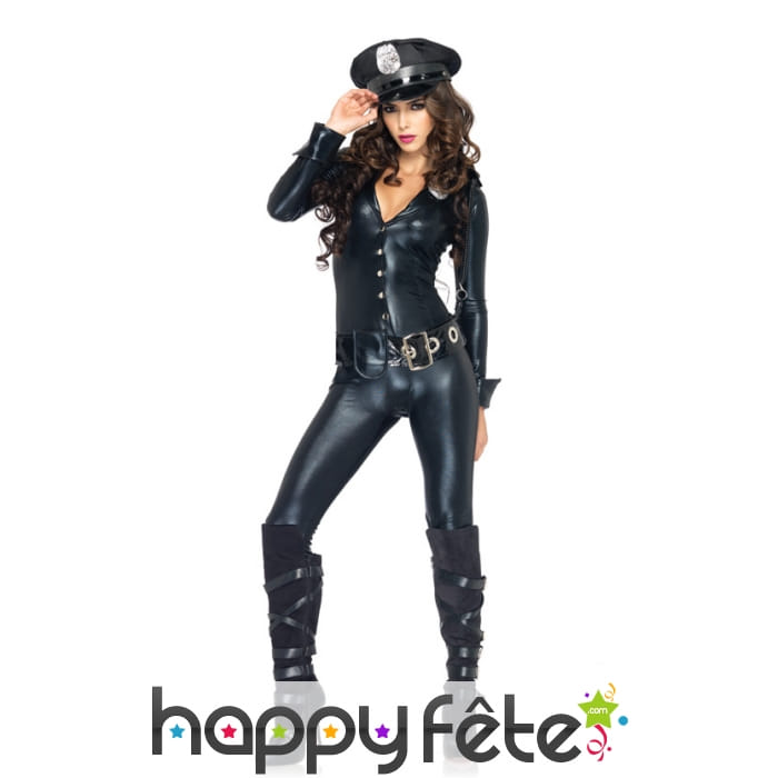 Déguisement noir de femme policier effet latex