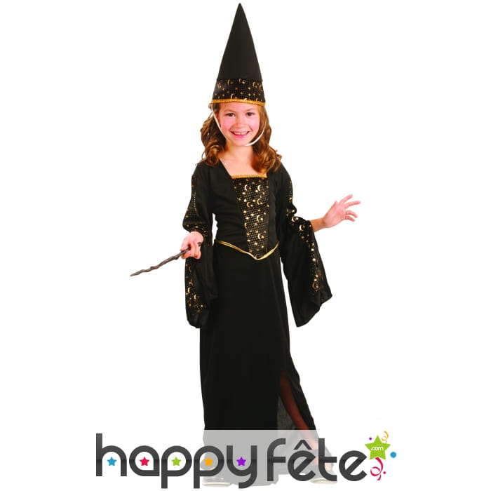 Déguisement noir et doré de magicienne pour enfant