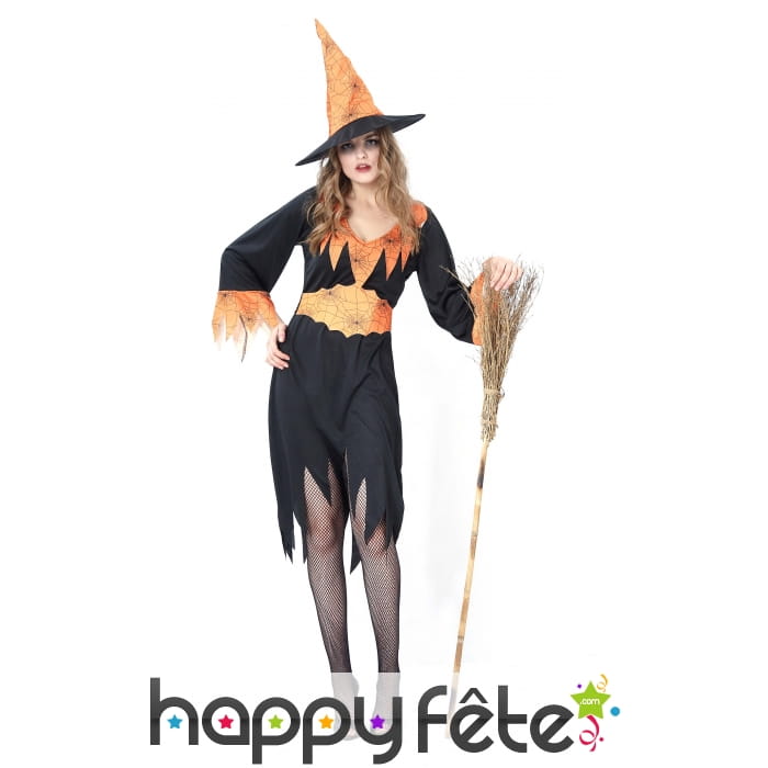 Déguisement noir et orange de sorcière araignée