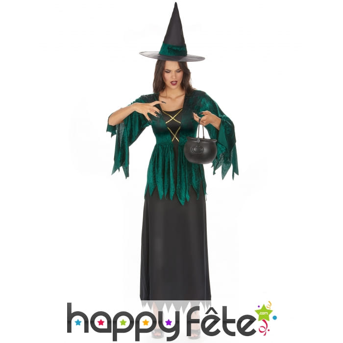 Déguisement noir et vert de sorcière robe dentelée