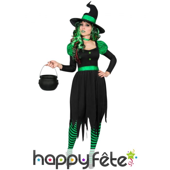 Déguisement noir vert de sorcière adulte