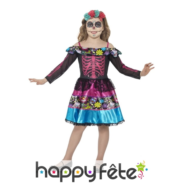 Déguisement robe colorée jour des morts pour fille