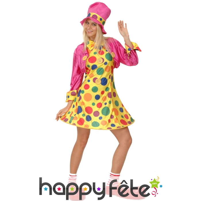 Déguisement robe courte de clown à pois colorés