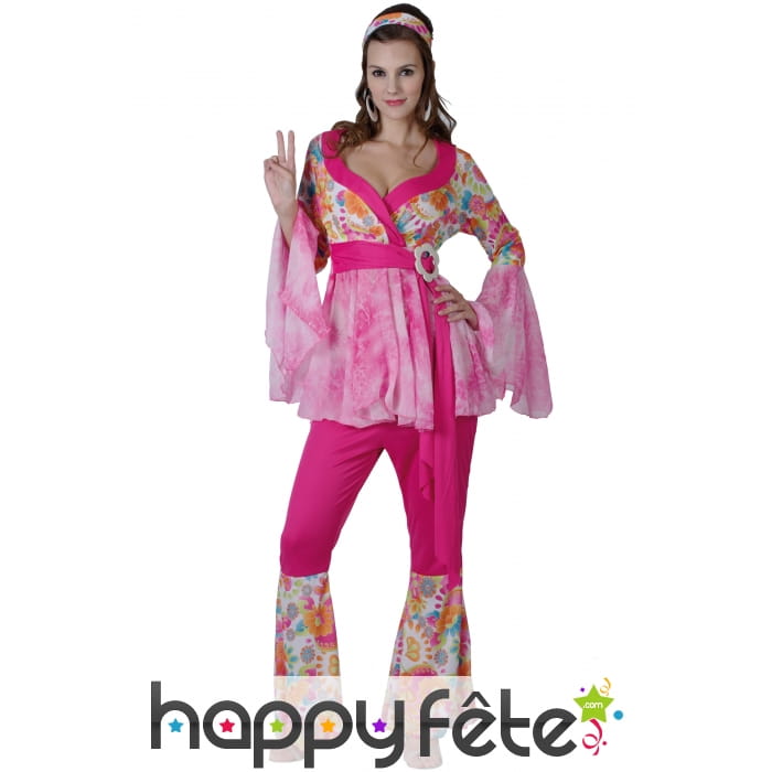 Déguisement rose fleuri de hippie pour femme
