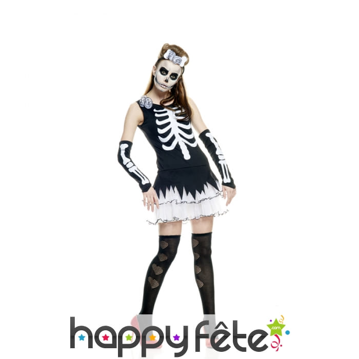 Déguisement robe imprimé squelette pour femme