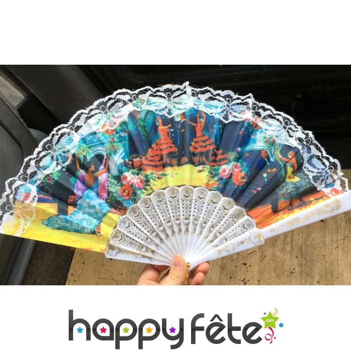 Eventail andalou décoré. Blanc