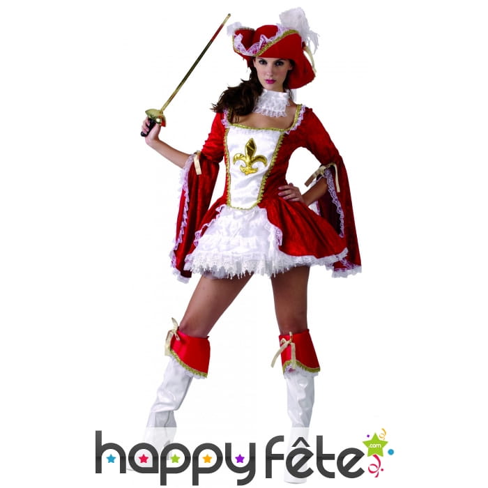 Elegant costume court rouge de femme mousquetaire