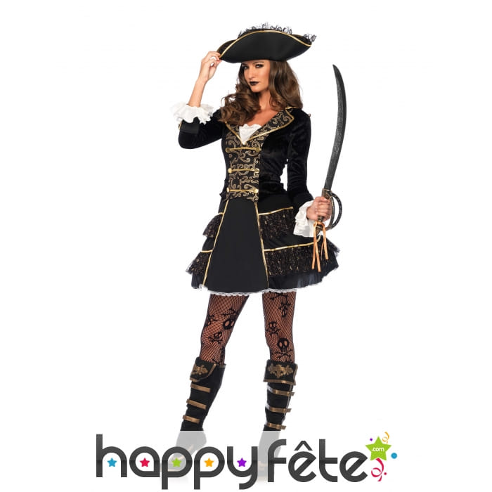 Elegant costume de capitaine femme pirate or noir