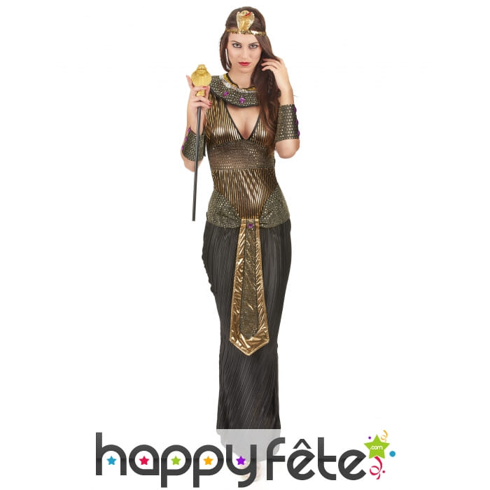 Elegant costume noir et doré de reine egyptienne