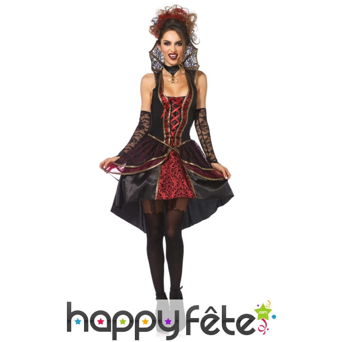 Elegante tenue robe noire et rouge de vampire