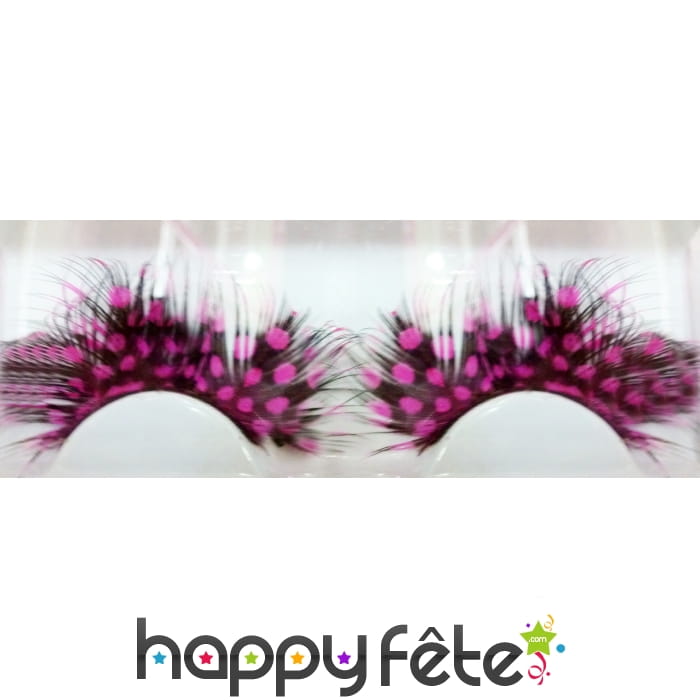 Faux cils noirs plumes à pois roses cabaret