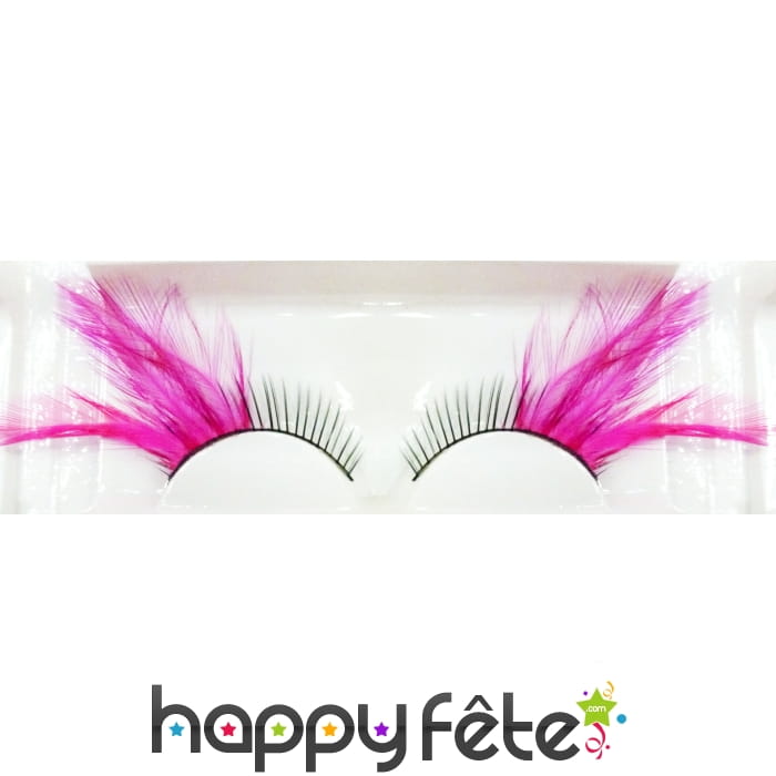 Faux cils noirs plumes fuschia cabaret