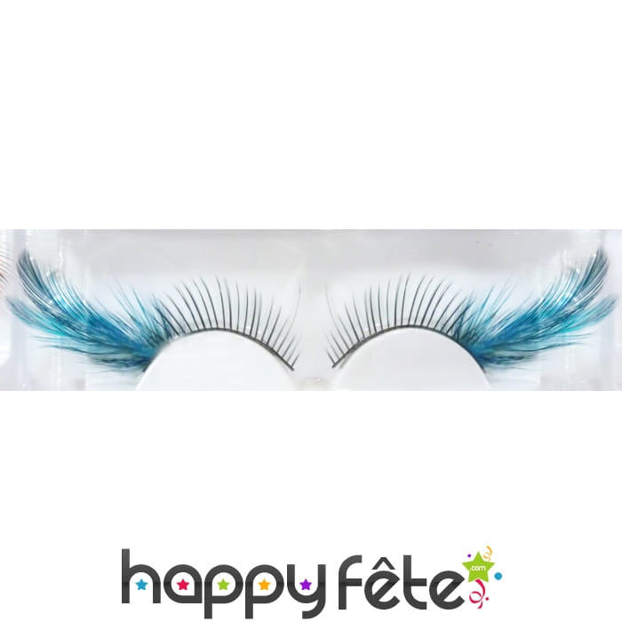 Faux cils noirs plumes turquoise cabaret