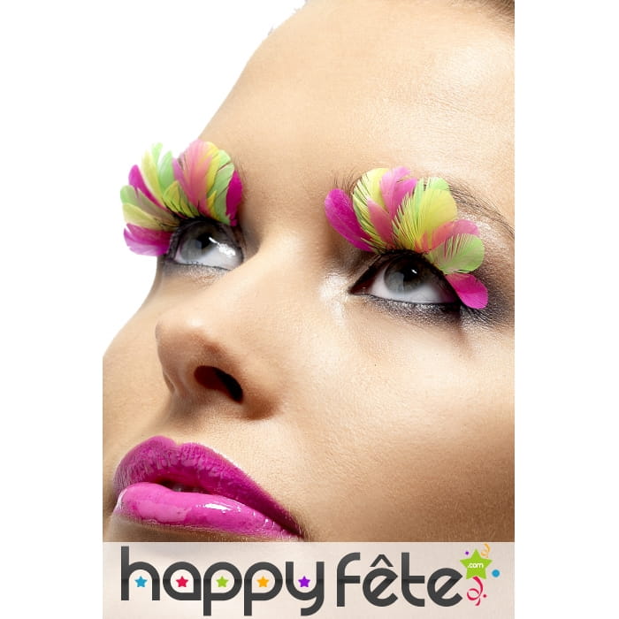 Faux cils plumes jaunes/roses + colle