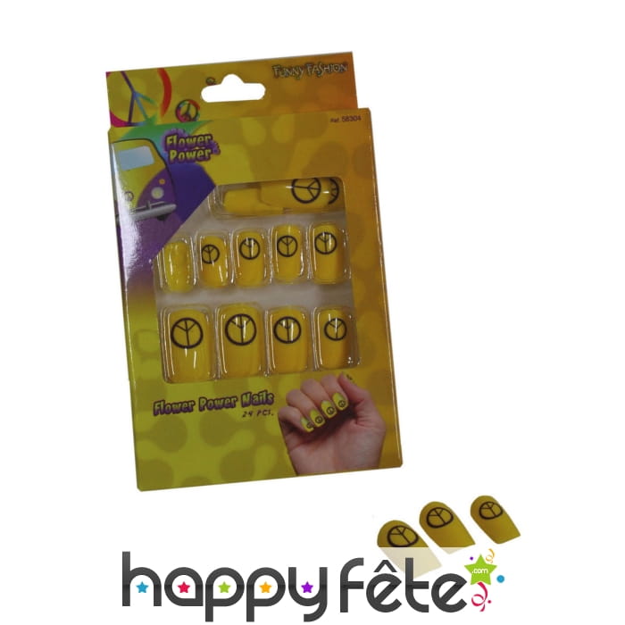 Faux ongles peace and love sur fond jaune