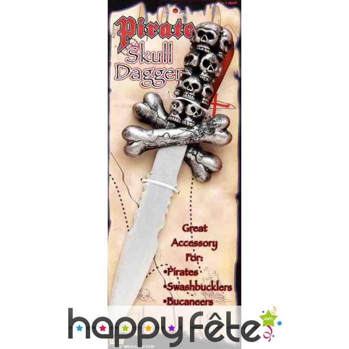 Faux poignard avec manche têtes de mort