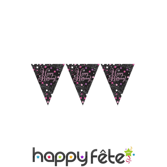 Guirlande de fanions rose et noir Happy Birthday