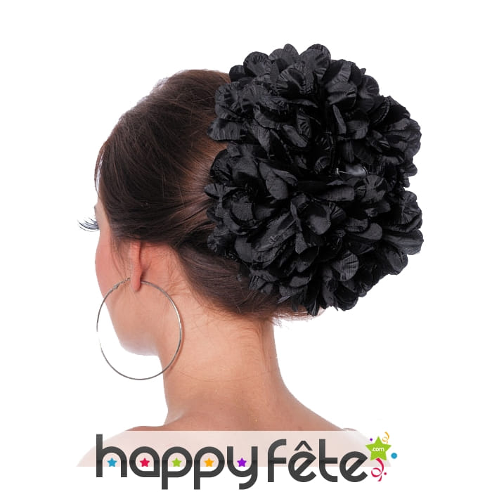 Grosse fleur noire pour cheveux sur barette