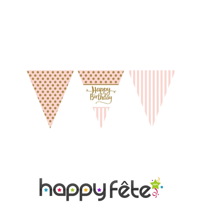 Guirlande Happy Birthday fanions or et rose 370cm