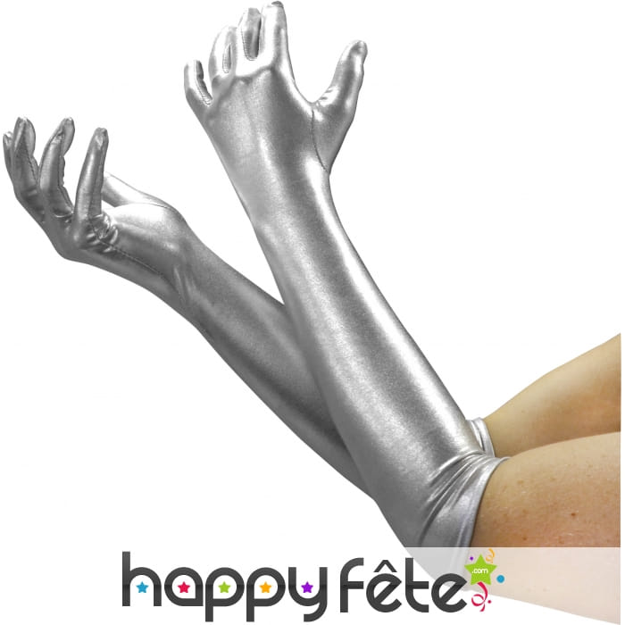 Gants longs satiné argenté et élastique.