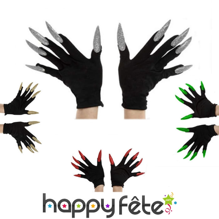 Gants noirs avec longs ongles pailletés