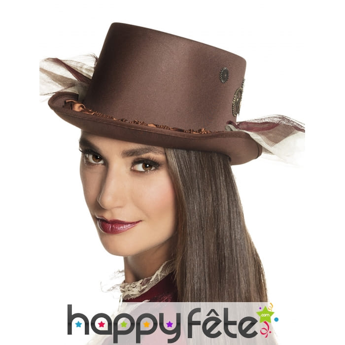 Haut de forme marron Steampunk avec tules, adulte