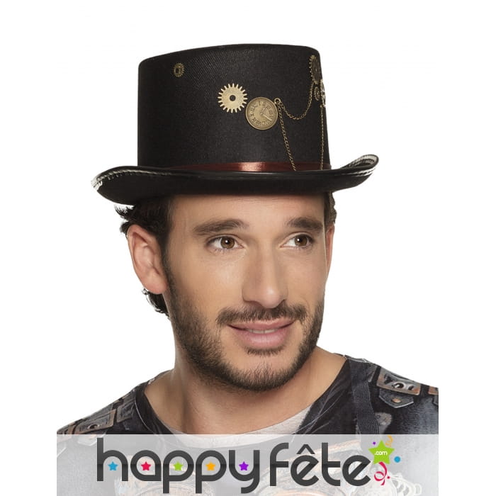 Haut de forme noir steampunk avec engrenages dorés