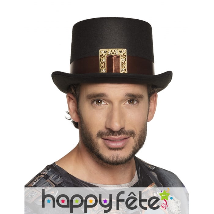 Haut de forme noir steampunk avec ruban marron