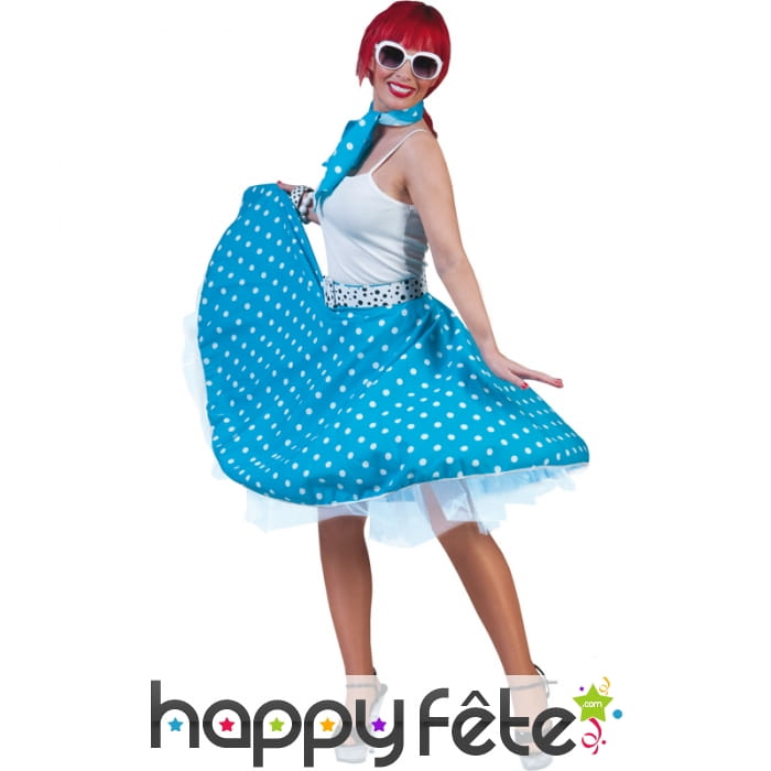 Jupe bleues à pois blancs avec foulard années 50