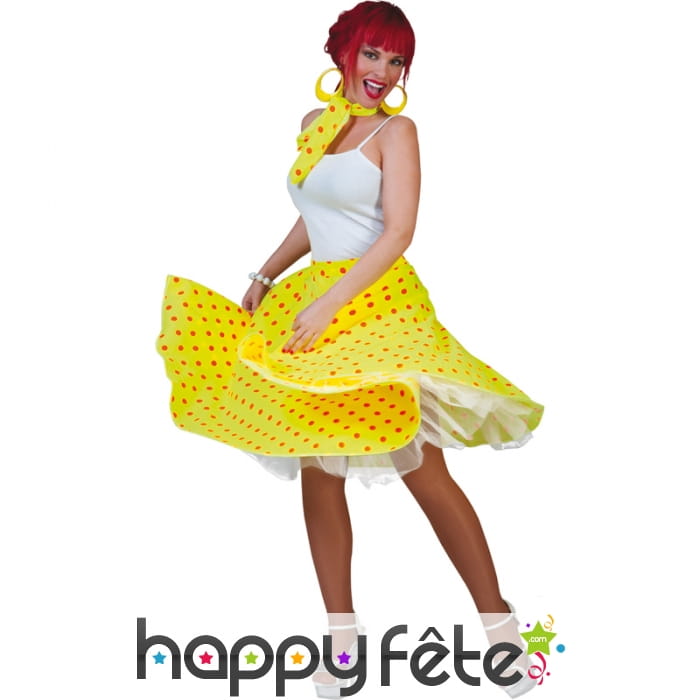 Jupe et foulard jaune à pois orange