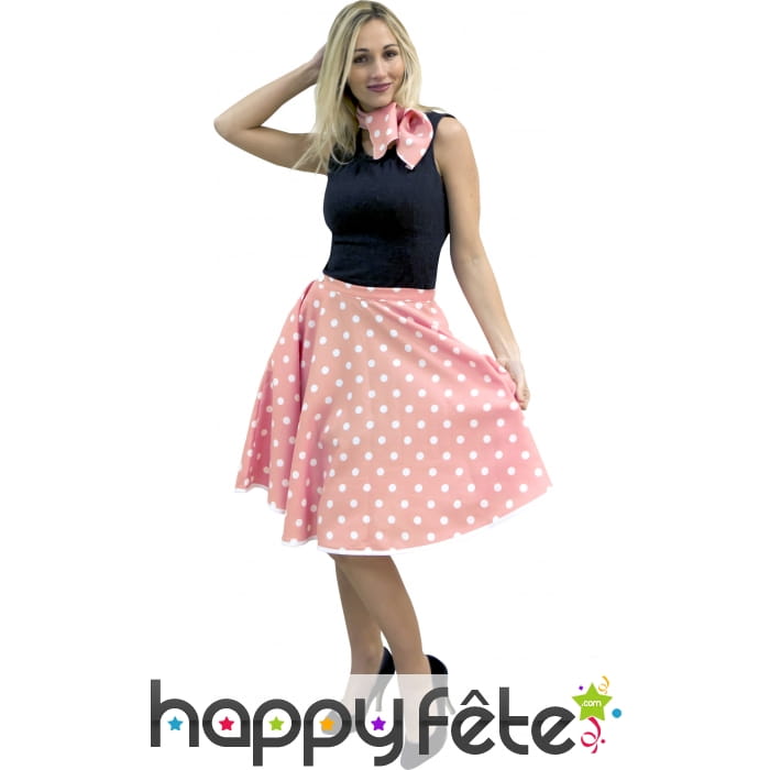 Jupe et foulard rose à pois blanc,